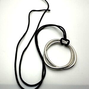 Minimalist J. Jill Double Hoop Necklace Silver Tone Black Adjustable Cord